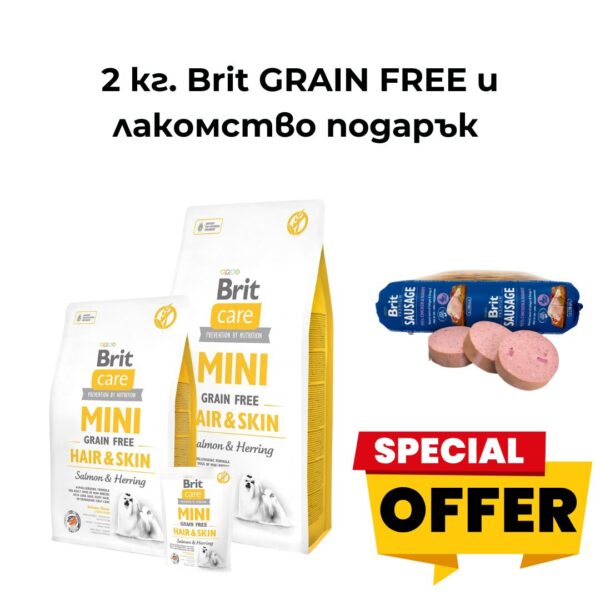 Храна за кучета за красива козина и здрава кожа със сьомга и херинга 2 кг - Brit Care Mini Grain Free Hair & Skin